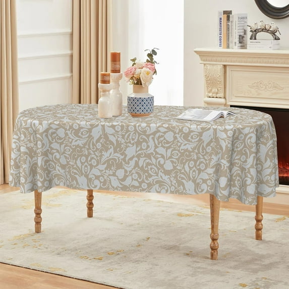 Oval Tablecloth 60 x 102 Inch, Vintage Floral Beige Oval Table Cloth, Waterproof Wrinkle Free Oval Table Cover for Indoor Outdoor Kitchen Dinning Room