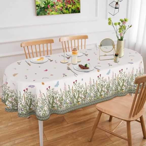 Oval Tablecloth 60 x 120 Inch, Spring Floral Summer Wildflowers Oval Table Cloth, Washable Stain-Resistant Wrinkle-Free Oval Table Cover for Dining Party Banquet