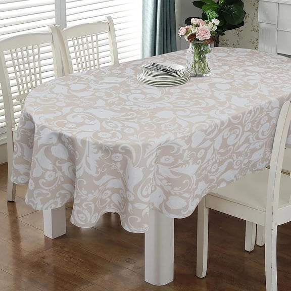 Oval Tablecloth 60 x 84 Inch Beige, Vintage Floral Tablecloth for Oval Table, Fabric Wrinkle Free Washable Waterproof Retro Tablecloth Oval Table Cloth for Kitchen Dining Room Table