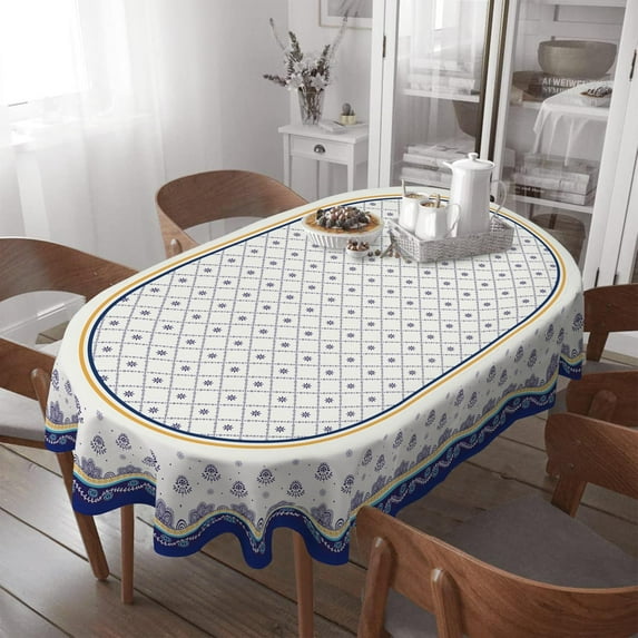 Oval Tablecloth - 60 x 84 Inch Blue Floral Rustic Tablecloth Classic French Country Printed Table Cover for Farmhouse Decoration, Suitable for Home, Kitchen, Indoor and Outdoor Dining Table