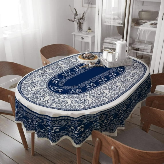 Oval Tablecloth - 60 x 84 Inch Blue Floral Rustic Tablecloth Classic French Country Printed Table Cover for Farmhouse Decoration, Suitable for Home, Kitchen, Indoor and Outdoor Dining Table