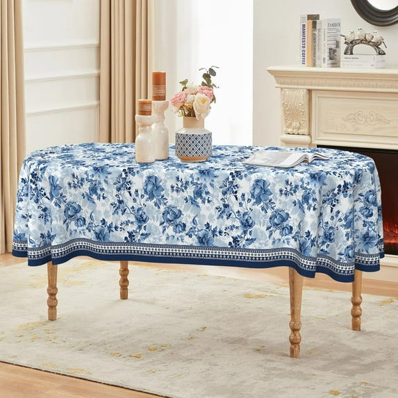 Oval Tablecloth 60 x 84 Inch, Blue Vintage Floral Oval Table Cloth, Waterproof Wrinkle Free Oval Table Cover for Indoor Outdoor Kitchen Dinning Room