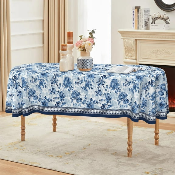 Oval Tablecloth 60 x 84 Inch, Blue Vintage Floral Oval Table Cloth, Waterproof Wrinkle Free Oval Table Cover for Indoor Outdoor Kitchen Dinning Room