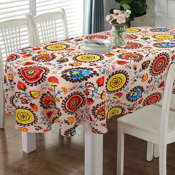 Oval Tablecloth 60 x 84 Inch, Boho Tablecloth for Oval Table, Fabric Wrinkle Free Washable Waterproof Bohemian Floral Tablecloth Oval Table Cloth for Dining Room Table