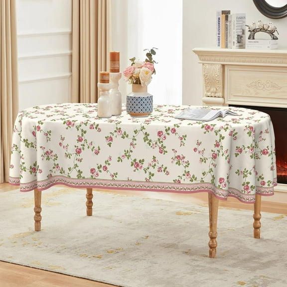 Oval Tablecloth 60 x 84 Inch, Pink Vintage Floral Oval Table Cloth, Waterproof Wrinkle Free Oval Table Cover for Indoor Outdoor Kitchen Dinning Room