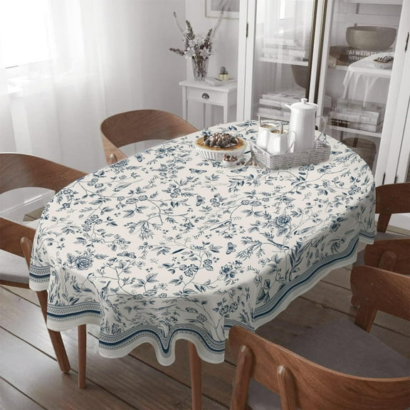 Oval Tablecloth- 60 x 84 Inch, Waterproof Tablecover for Oval Tables, French Country Floral Birds Design Table Cloth Perfect for Kitchen, Dinning Table Outdoor