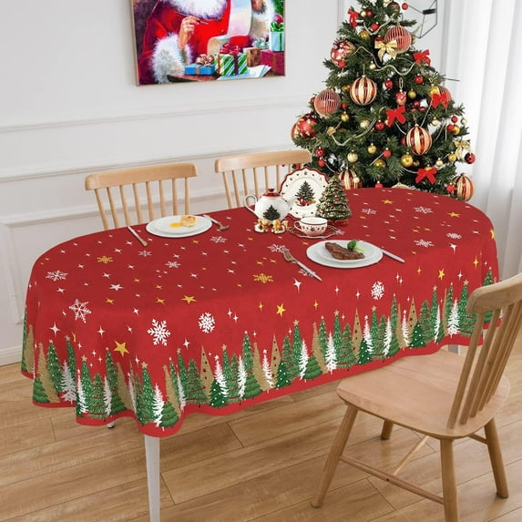 Oval Tablecloth, 60102 Inch, Red Christmas Trees Table Cover, Washable, Party & Dinner Table Decor