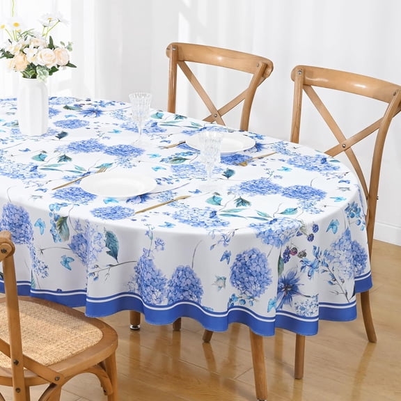 Oval Tablecloth 60x84 Inch, Blue Floral Table Cloth for Oval Table, Waterproof Spring Tablecloth Wrinkle Free for Dining, Picnic, Party Decor
