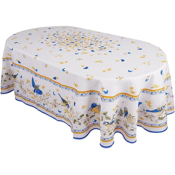 Oval Tablecloth Blue Floral Tablecloth, French Oval Tablecloth, Print Floral Bird Tablecloth, Fabric Indoor/Outdoor Waterproof Wrinkle Free Durable French Tablecloth For Oval Tables 54 X 72 In