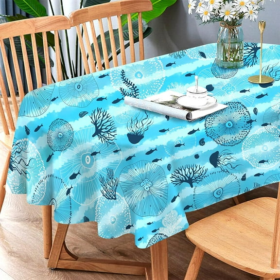 Oval Tablecloth, Blue Ocean Beach Coastal Table Cover Oval 54 x 72 for Summer Party,Perfect for Kitchen Dinner, Restaurant,Outdoor Holiday Picnic Waterproof Table Cloth