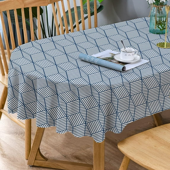 Oval Tablecloth Blue Striped Tablecloth, Modern Oval Tablecloth, Geometric Tablecloth, Indoor/Outdoor Waterproof Wrinkle Free Durable Tablecloth for Oval Tables 60 X 84 Inch