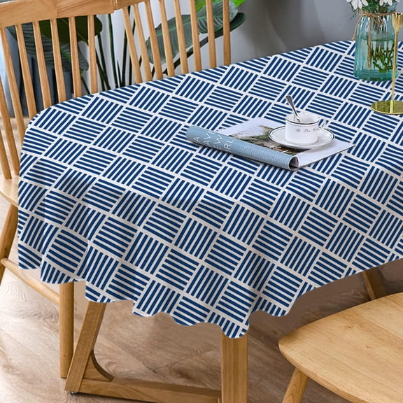 Oval Tablecloth Blue Striped Tablecloth, Modern Oval Tablecloth, Geometric Tablecloth, Indoor/Outdoor Waterproof Wrinkle Free Durable Tablecloth for Oval Tables 60 X 102 Inch
