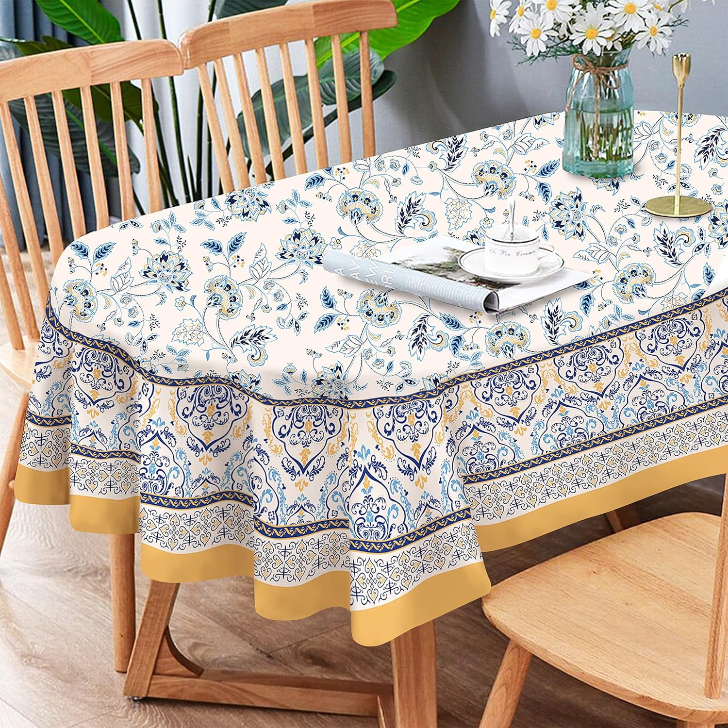 Oval Tablecloth,Blue Yellow Floral Pattern Table Cloth, French Country Tablecover for Oval Tables 60 x 84,Perfect for Kitchen Dinner, Restaurant,Holiday Picnic Party Table Cover