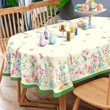 Oval Tablecloth, Easter Table Cloth Oval 60x84 inch, Spring Floral and Bunny Dining Table Cloths Indoor or Outdoor Holiday Spring Table Decorations for Dinner Holiday Parties