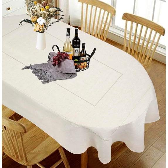 Oval Tablecloth with Hollow for Oval Table, 60x84 Inch Farmhouse Table Covers for Kitchen Dining Party, Wrinkle Free Anti-Fading Tabletop Decoration,White Linen Oval Dining Table Tablecloth (60X84)