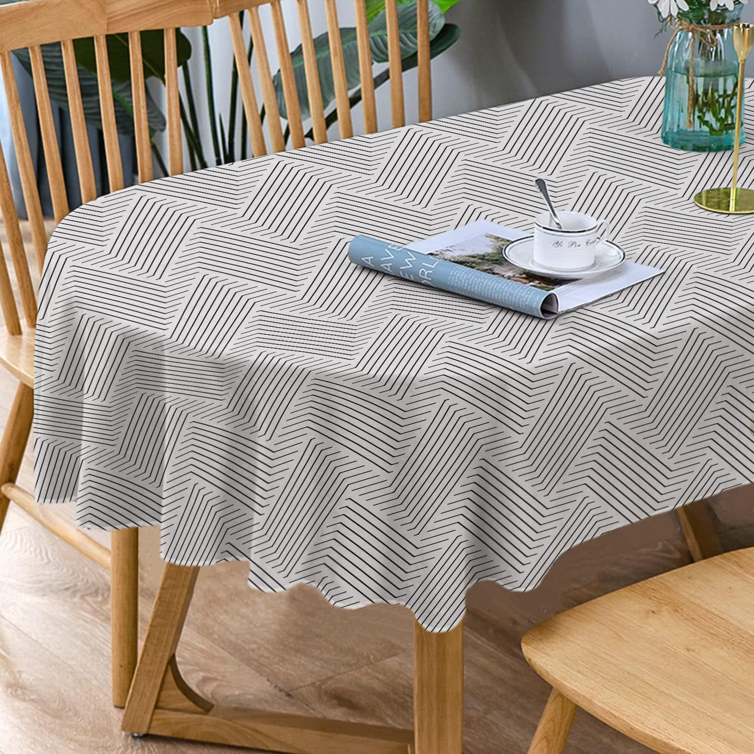 Fitted Oval Tablecloth With Elastic Edge - White Marble Lines, Washable Polyester Cover For 68x48 Inch Tables