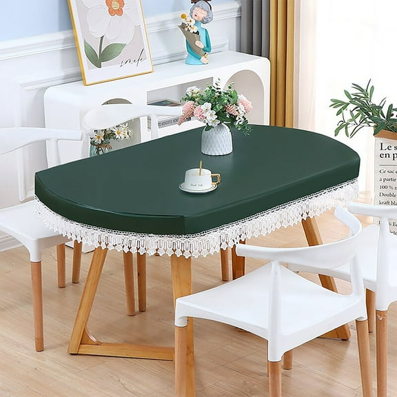 Oval Tablecloth,PVC Tablecloth Waterproof Oil Proof Table Cloth Wipeable,Solid Color Table Cover With Lace Trims For Dining Room-Dark Green-135x85cm(53x34in)