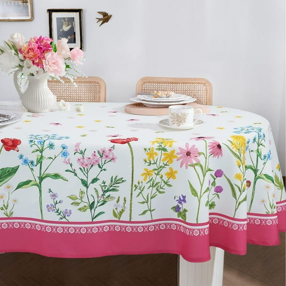 Oval Tablecloth Pink Floral Tablecloth, Floral Oval Tablecloth, Print Floral Tablecloth, Fabric Indoor/Outdoor Waterproof Wrinkle Free Durable Pink Floral Tablecloth For Oval Tables 60 X 84 In