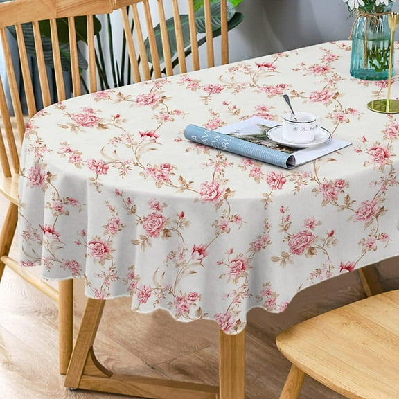 Oval Tablecloth Pink Floral Tablecloth, Floral Oval Tablecloth, Print Floral Tablecloth, Fabric Indoor/Outdoor Waterproof Wrinkle Free Durable Pink Floral Tablecloth For Oval Tables 54 X 72 In