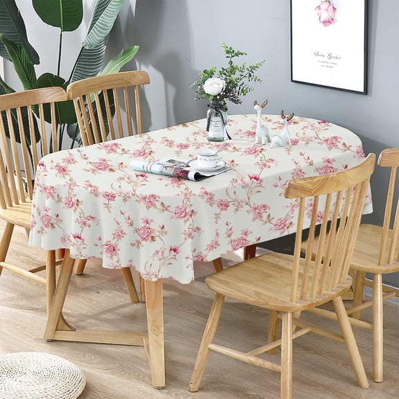 Oval Tablecloth Pink Floral Tablecloth, Modern Floral Oval Tablecloth, Pink Floral Tablecloth, Indoor/Outdoor Waterproof Wrinkle Free Durable Pink Tablecloth for Oval Tables 60 X 102 in