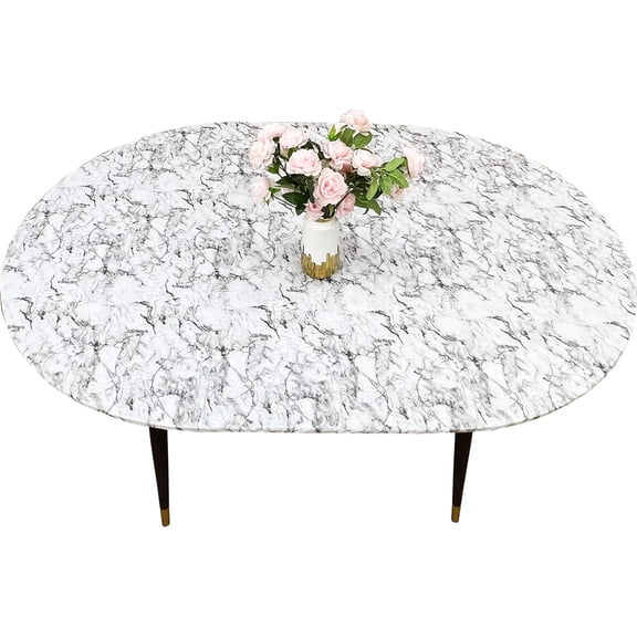 Oval Tablecloth Vinyl Fitted Elastic Edge with Flannel Backing - Fits 48 x 68 Inch Oval Table - White Marble Pattern - Waterproof Wipeable Table Cover