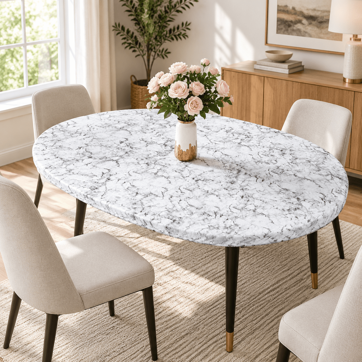 White Electronic Pattern Oval Tablecloth Vinyl Fitted Elastic Edge With Flanneling - Fits 48 X ...