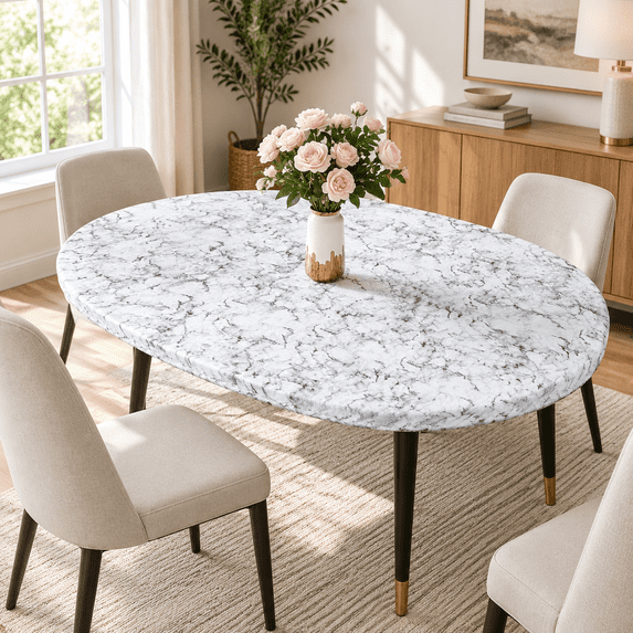 Oval Tablecloth Vinyl Fitted Elastic Edge With Flanneling - Fits 48 X ...