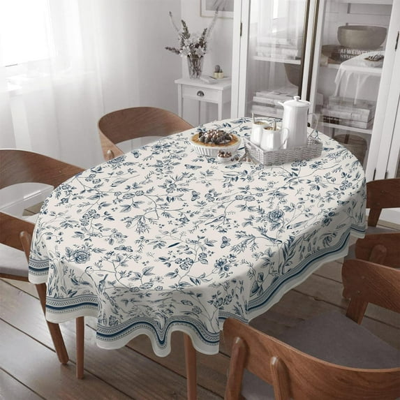 Oval Tablecloth, Waterproof Tablecover for Oval Tables 60 x 84,Vintage Hand Drawn Floral Birds Design Table Cloth Perfect for Kitchen Dinner Restaurant Outdoor