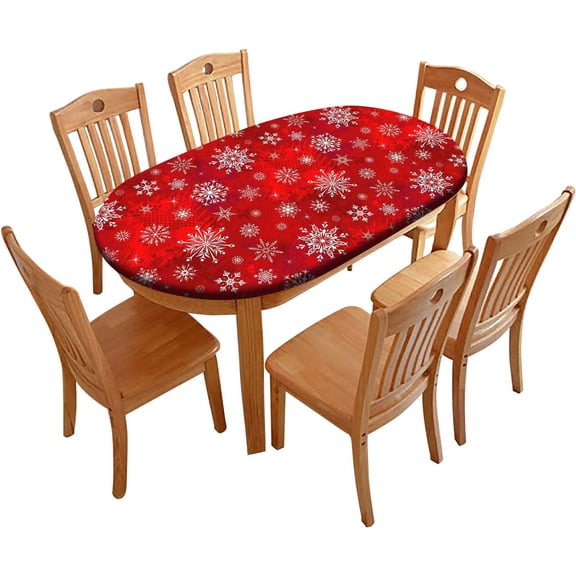 Oval Tablecloths, Christmas Red Snowflakewaterproof Wipeable Elastic Fitted Table Cover, for Indoor Kitchen Dining Room Or Outdoor Picnic Party Dinner Decor, 48" x 68" (Oval)