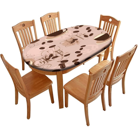 Oval Tablecloths, Coffee Bean Pattern Printed on Oval Elastic Tablecloth, Table Protector for Dining Room Table, Fits for 48" x 68" Oval Table