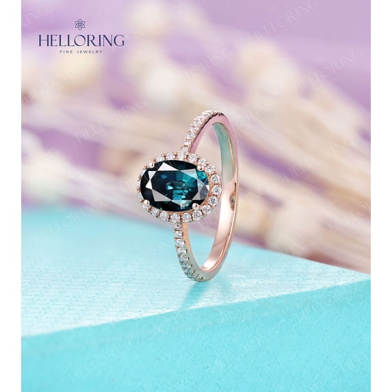 Oval Teal Sapphire engagement ring blue green sapphire ring diamond moissanite halo ring pave band vintage wedding ring Anniversary ring