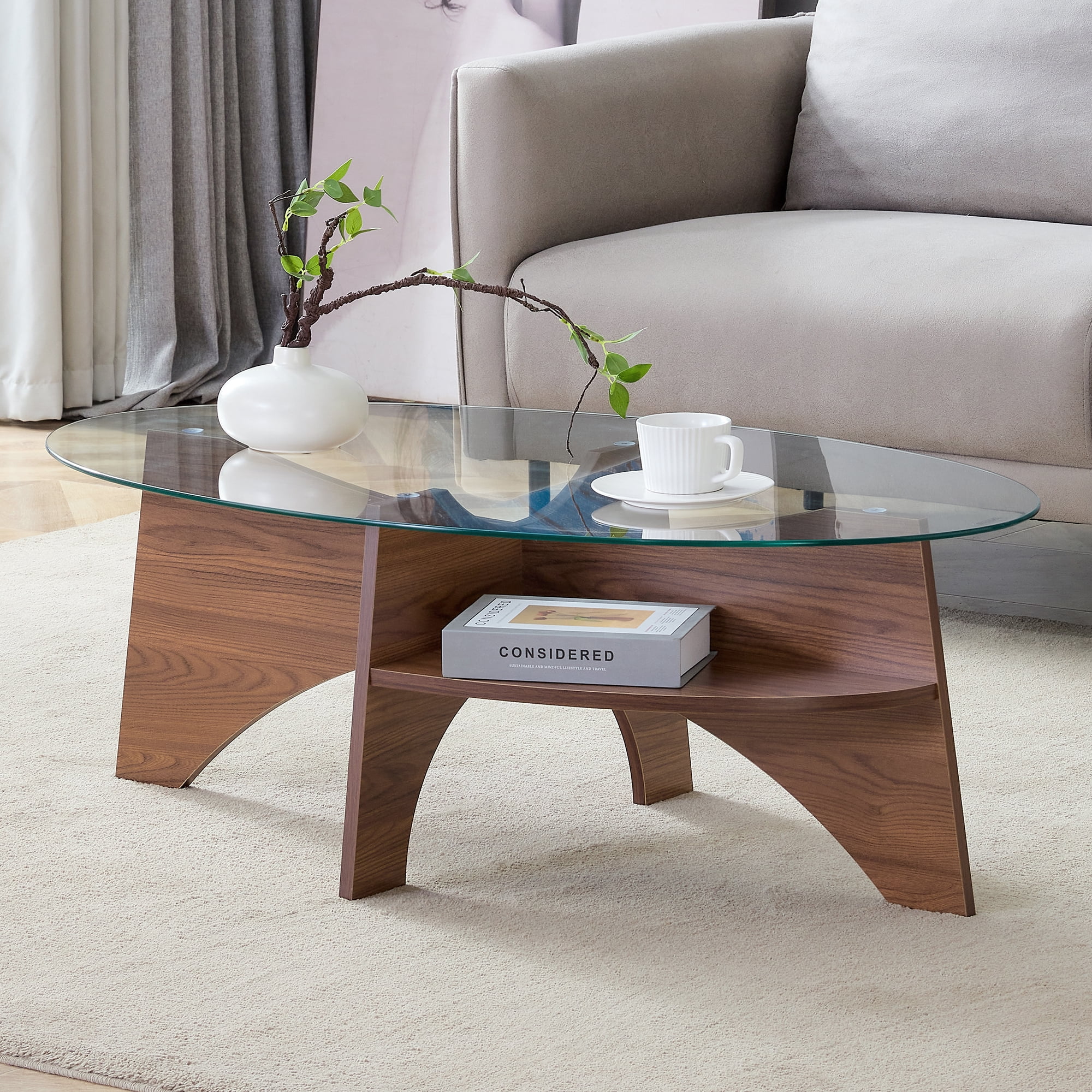 Oval Tempered Glass Coffee Table, 41.3"x23.6"
