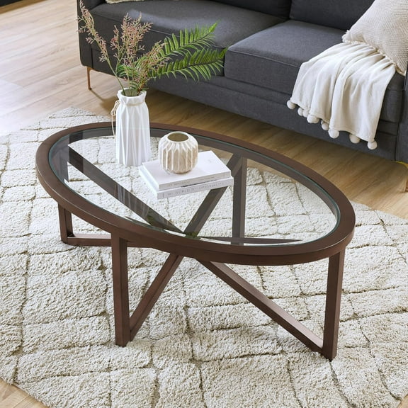 Oval Tempered Glass Coffee Table, Clear Top, Solid Poplar Base, Scratch-Resistant, Mid-Century Modern, Living Room & Terrace