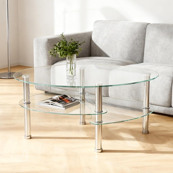 Oval Tempered Glass Coffee Table - Modern 3-Layer Transparent Glass Tea Table with Stainless Steel Legs, Small End Table for Living Room, Bedroom, Office