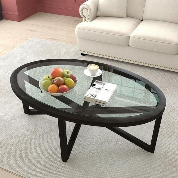 Oval Tempered Glass Coffee Table, Sofa Side Table with Solid Wood Frame and Glass Top, Modern Center Table for Living Room Home Office, Black