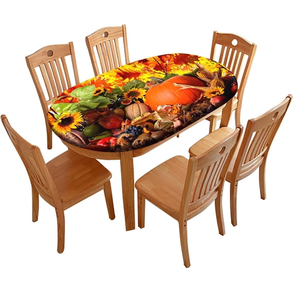 Oval Thanksgiving Fitted Tablecloths, Orange Pumpkins with Yellow Sunflowers Waterproof Elasticized Table Cloth, for Indoor Holiday Family Banquet and Outdoor Patio Use, 48" x 68" (Oval)