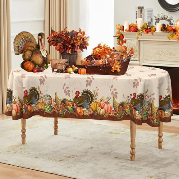 Oval Thanksgiving Tablecloth 54×72 Inch, Fall Tablecloths Thanksgiving Pumpkin Turkey Washable Table Cover, Autumn Decoration Table Cloths Decor for Party Picnic Dinner