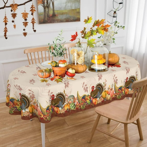 Oval Thanksgiving Tablecloth 60x84 Inch, Fall Thanksgiving Tablecloths Oval Autumn Pumpkin Harvest Turkey Table Cloth Cover Decor for Party Picnic Dinner