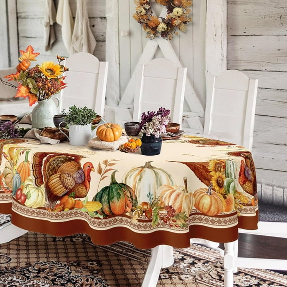 Oval Thanksgiving Tablecloth 60x84In,Thanksgiving Autumn Harvest Pumpkin Sunflower Turkey Table Cloth,Polyester Waterproof Wrinkle Resistant Durable Tablecloth for Fall,Thanksgiving,Home Decor