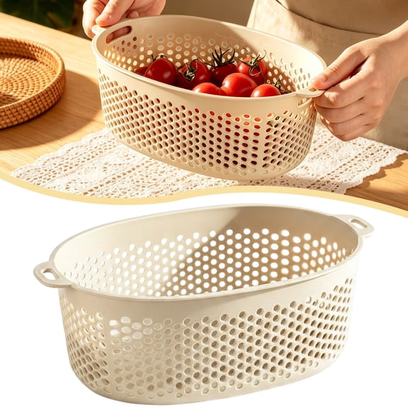 Oval Thickened Deep Plastic Strainer Basket - Kitchen Sink Colander with Double Handles - Cream Heavy Duty Vegetable Drainer