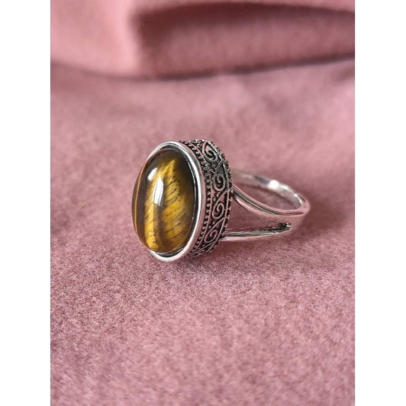 Oval Tiger Eye Stone Ring With Filigree Setting Silvertone Fashion Jewelry