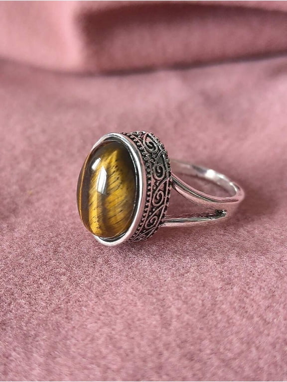 Oval Tiger Eye Stone Ring With Filigree Setting Silvertone Fashion Jewelry