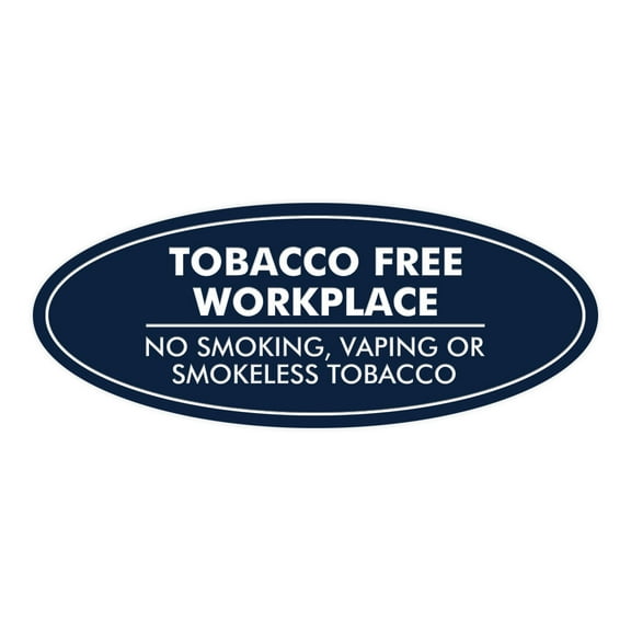 Oval Tobacco Free Workplace No Smoking Sign (Navy Blue / White) - Small 2x5"