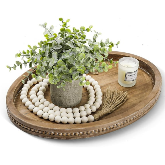 Oval Tray for Coffee Table - 1611.8in Decorative Trays for Home Decor/w 58in Wood Bead Garland, Coffee Table Trays for Living Room and Kitchen