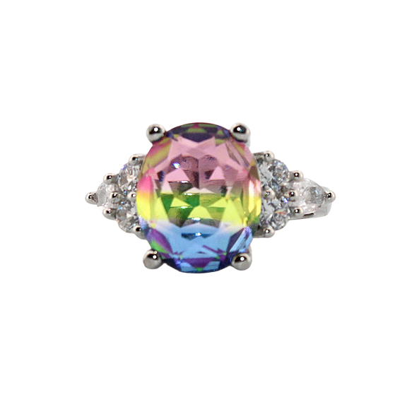 Oval Tricolored Tourmaline & Topaz Silver Ring, size 6 171