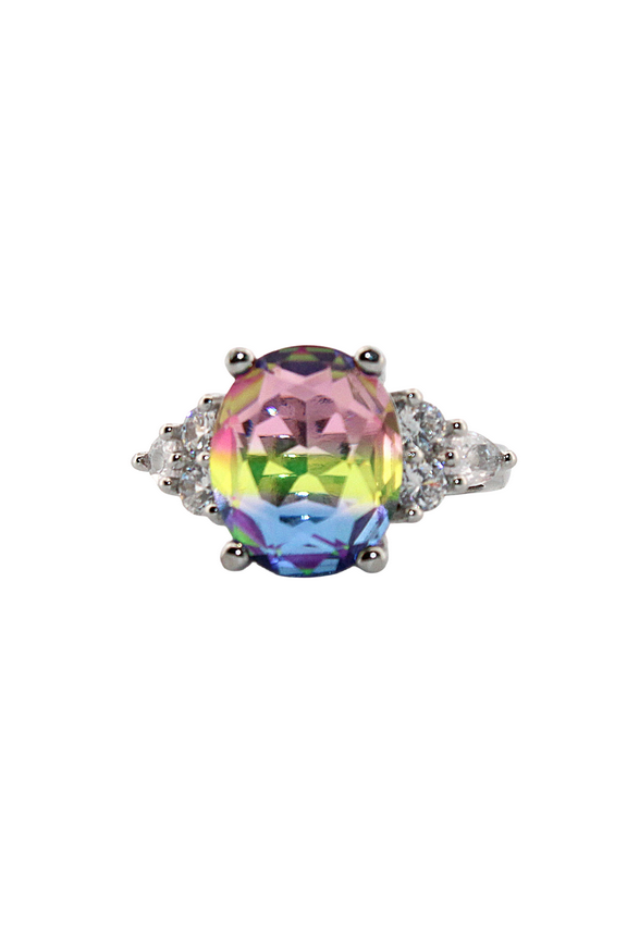 Oval Tricolored Tourmaline & Topaz Silver Ring, size 7 170