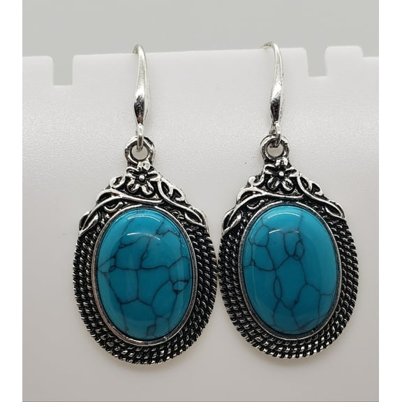 Oval Turquoise Antique Silver Earrings