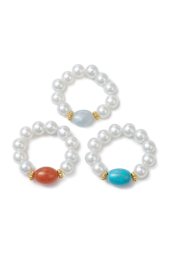 Oval Turquoise Natural Red Aventurine Aquamarine Beaded Finger Rings Round Glass Pearl Beaded Stretch Rings for Women 8mm Inner Diameter: 15mm