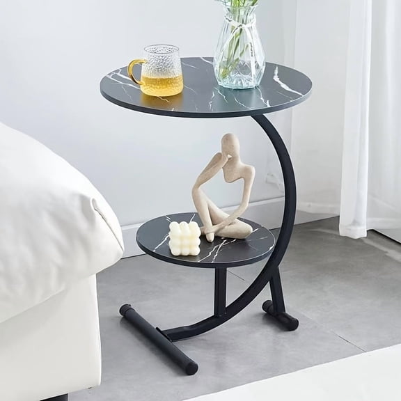 Oval Two-Tier Side Table With Marble-Textured Top & Curved Metal Frame - Modern Sofa Accent For Living Rooms, Meditation Corners And Entryway Displays (Glossy Surface & Sculpture-Ready Shelf)