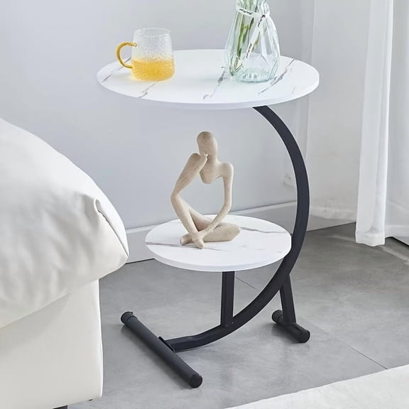 Oval Two-Tier Side Table With Marble-Textured Top & Curved Metal Frame - Modern Sofa Accent For Living Rooms, Meditation Corners And Entryway Displays (Glossy Surface & Sculpture-Ready Shelf)